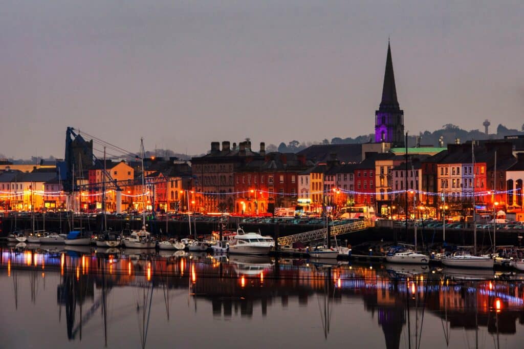 Waterford city by the river at nighttime