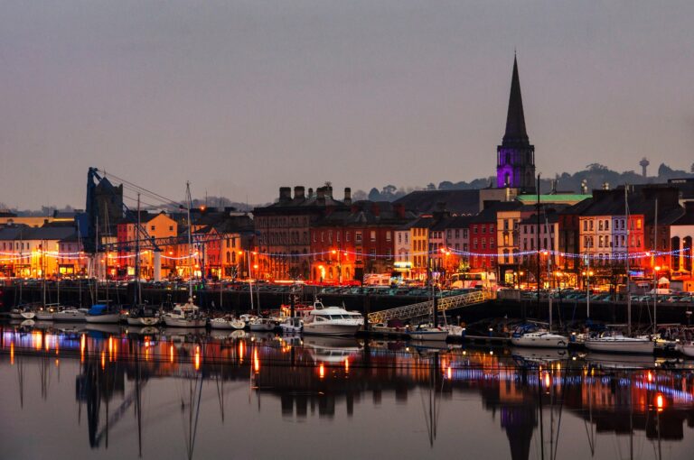 Waterford city by the river at nighttime