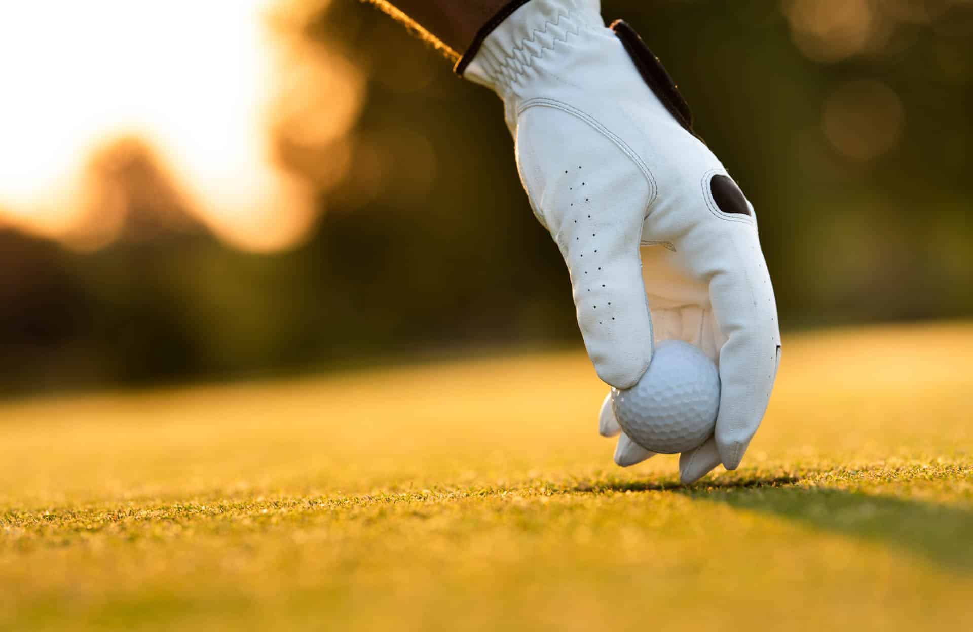 Close up view of hand grabbing golf ball