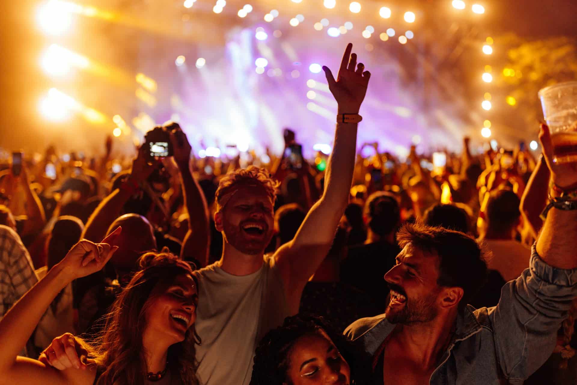 Group of friends at a concert facing away from stage